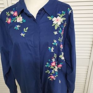 Liz Claiborne Cotton Royal Blue Button-up Floral Embroidered Blouse, Size 1X